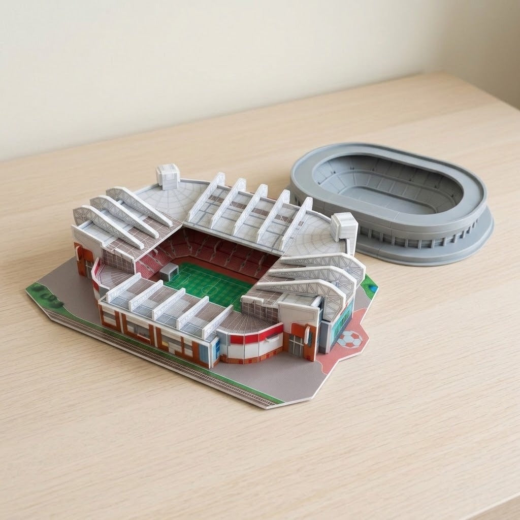 A red and white 3d stadium puzzle with a green pitch sits beside a plain gray oval stadium model on a wooden table.
