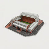 A 3d stadium puzzle with white roof trusses, red seating and a printed road base stands against a light gray background.