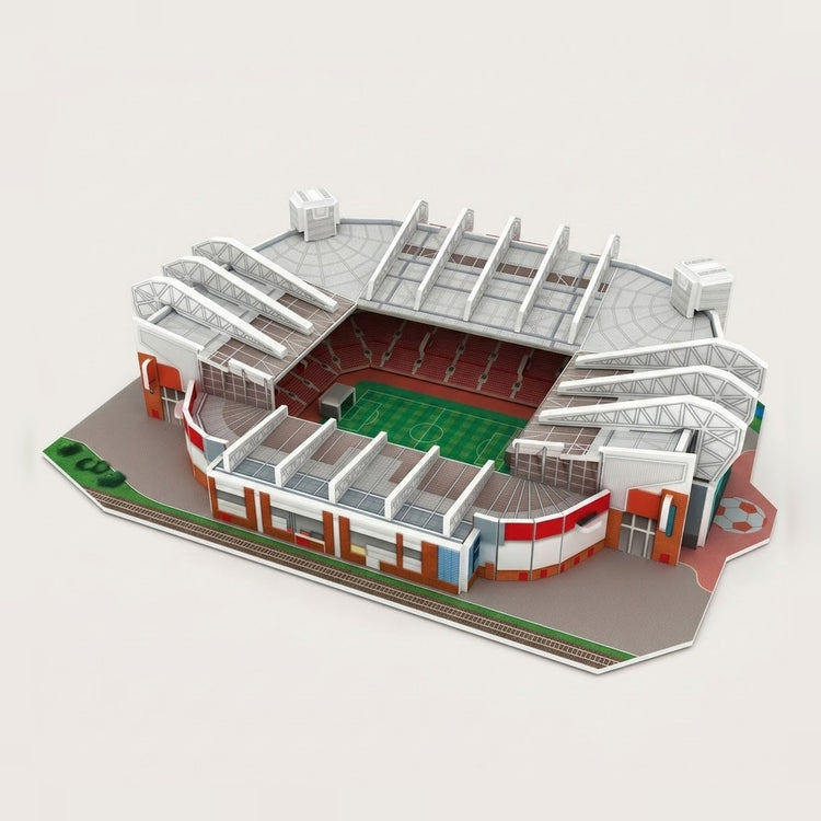 An assembled 3d stadium puzzle with white roof supports, red seating, a green pitch and gray base stands against an off-white background.