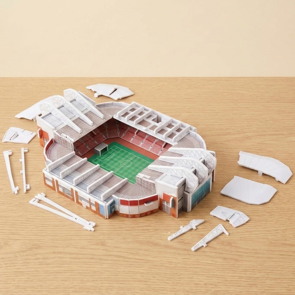 A partially assembled plastic 3D stadium puzzle with red seating and a green pitch sits among loose white pieces on a wooden table.