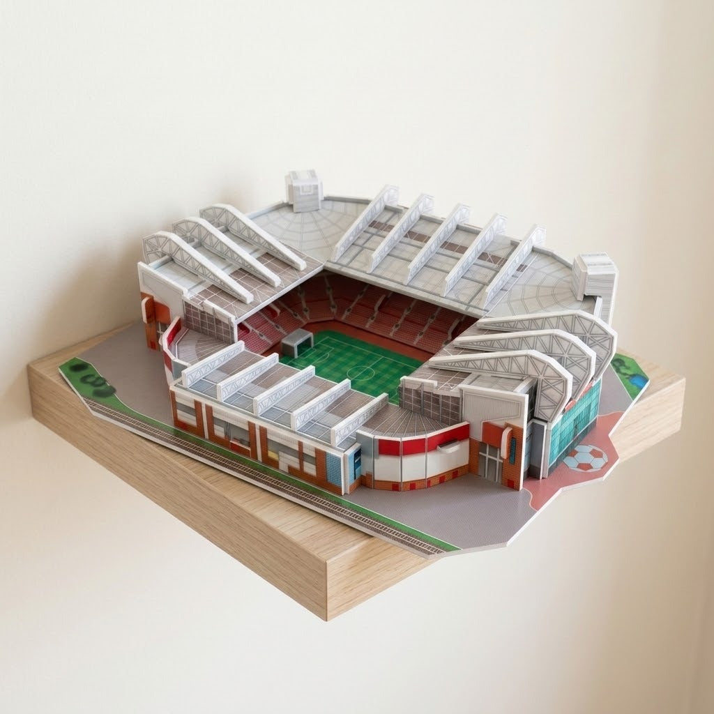 An assembled 3d stadium puzzle with white roof supports, red seating and a green pitch sits on a floating wooden shelf.