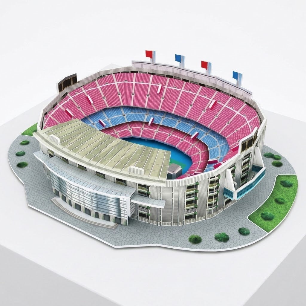 A plastic 3d stadium puzzle with pink and blue seating, pale gray walls and green landscaping sits on a white pedestal.