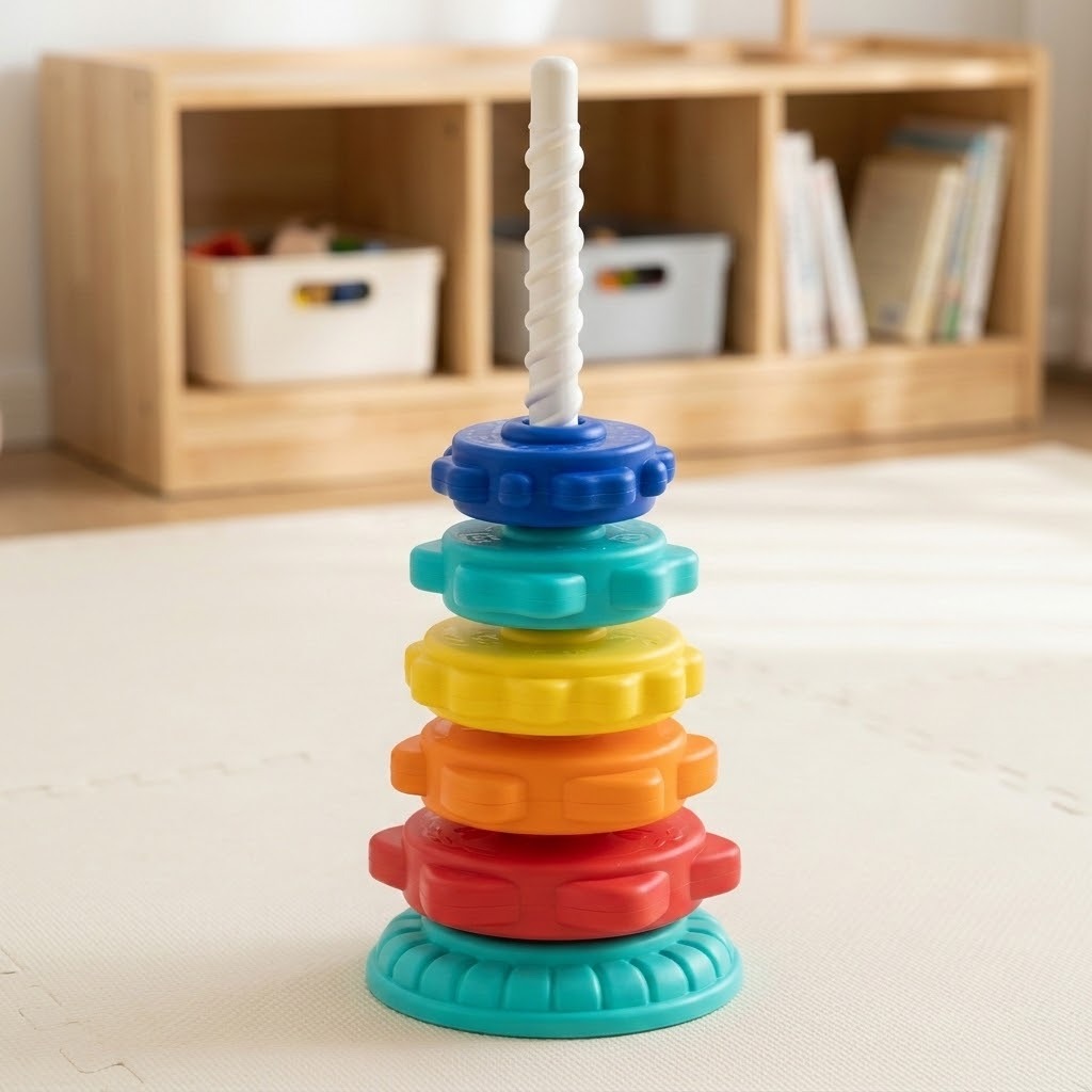A colorful plastic stacking ring toy with a white spiral pole stands on a light-colored floor in front of a wooden storage shelf.