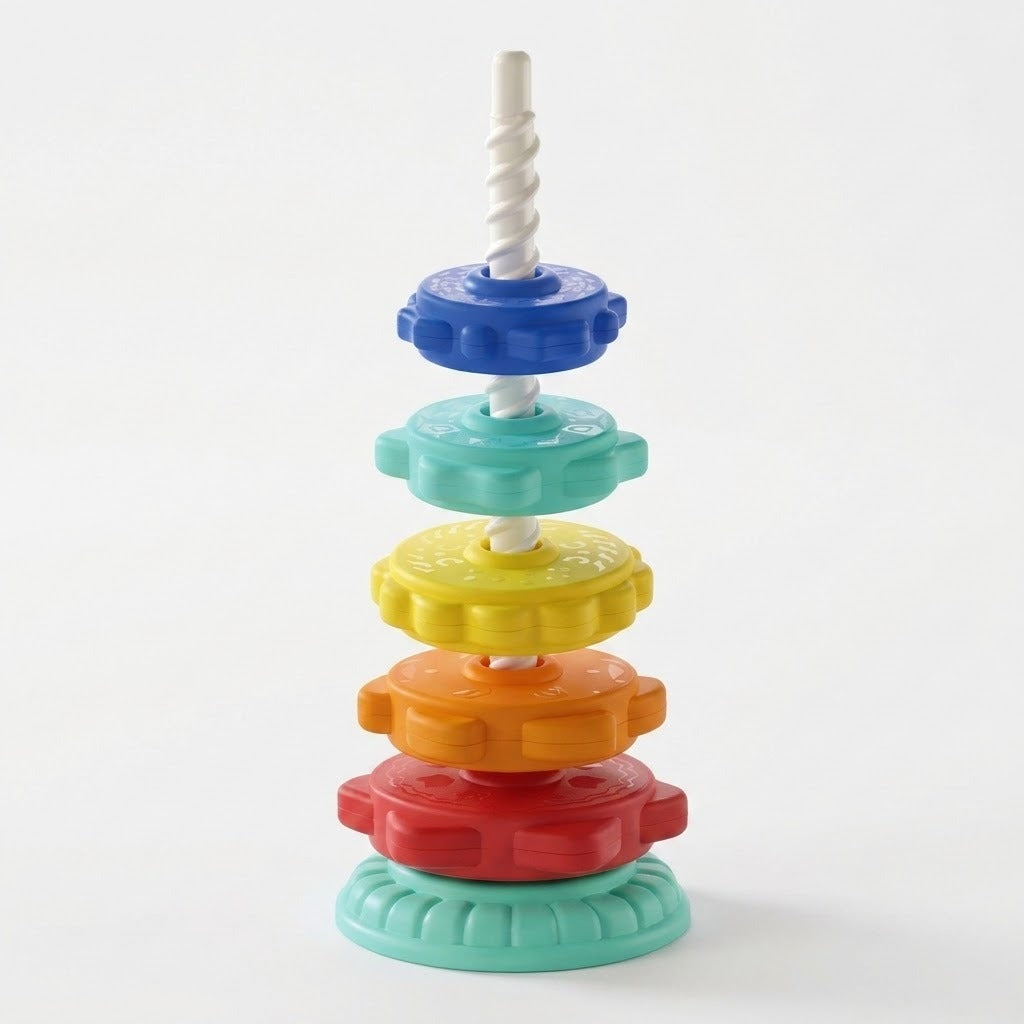 A plastic stacking toy has five colorful discs spaced along a white spiral post above a mint green base against white.