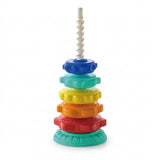 A plastic stacking toy has five colorful discs stacked on a mint green base beneath an exposed white spiral post against white.