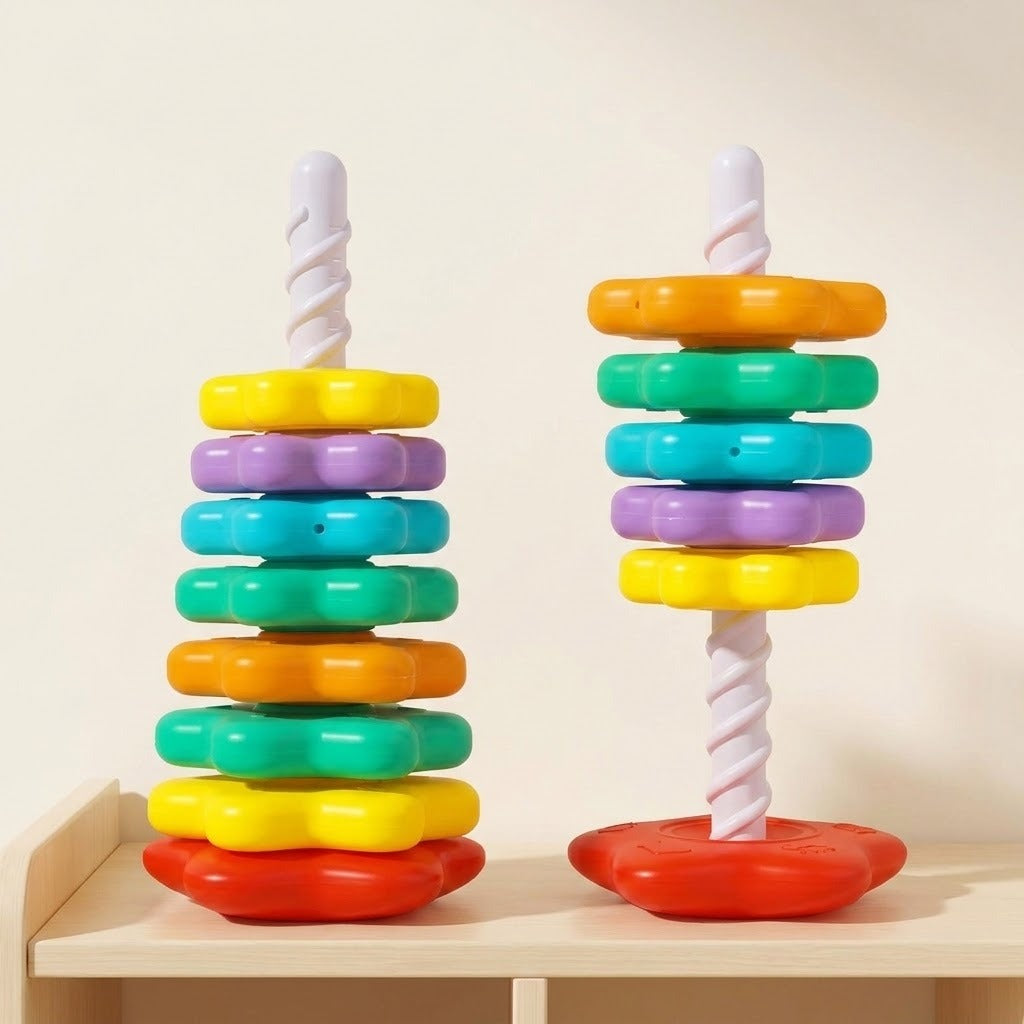 Two colorful plastic stacking toy towers with white spiral posts and red bases stand on a pale wooden shelf against a cream wall.