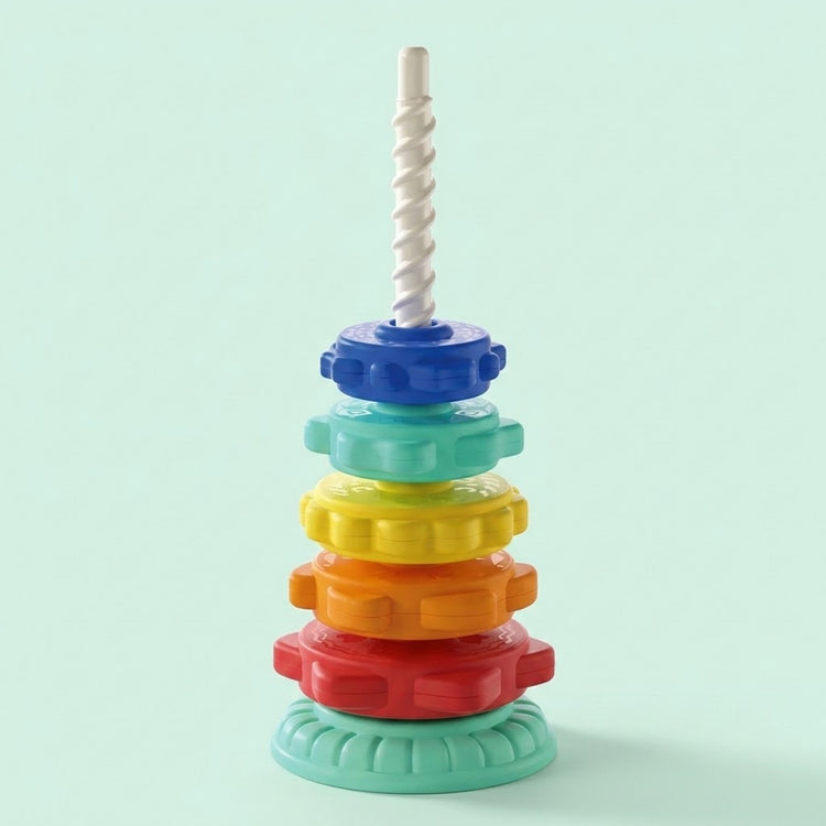 A stacking toy with blue, mint, yellow, orange and red rings on a white spiral post stands against a pale mint background.