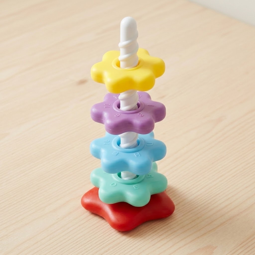 A plastic stacking toy with four colorful flower-shaped pieces, a white spiral post and a red star-shaped base stands on pale wood.