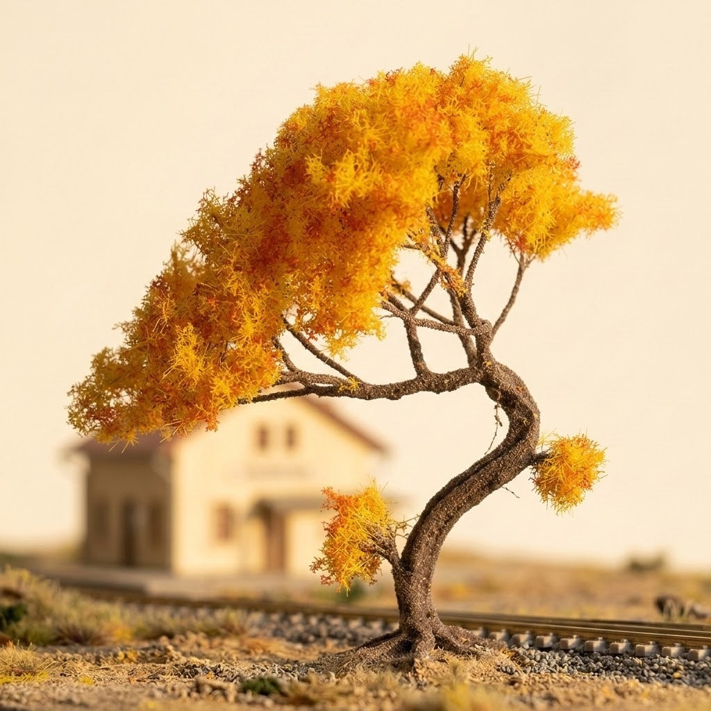 An orange miniature tree with a curved brown trunk stands beside model railway tracks, with a blurred house behind.