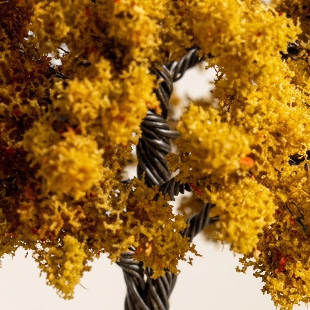 A close-up of the model tree shows dark twisted wire branches surrounded by textured golden yellow foliage against a pale background.