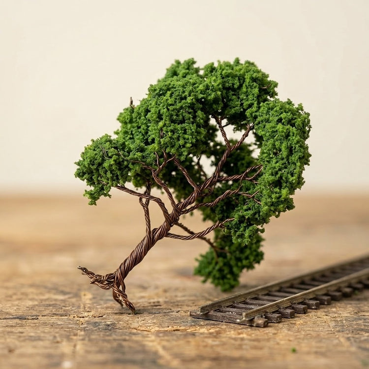 A green miniature tree with exposed brown twisted wire branches leans beside a short model railway track on a workbench.