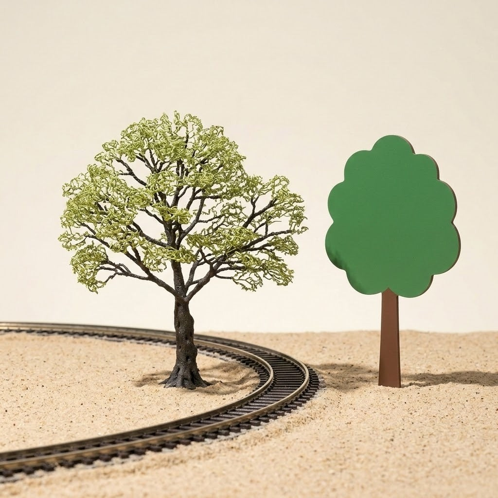 A light green miniature tree and flat green tree cutout stand beside curved model railway tracks on sandy ground.