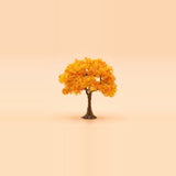 A model tree with a rounded orange canopy and a brown trunk stands centered against a pale peach background.