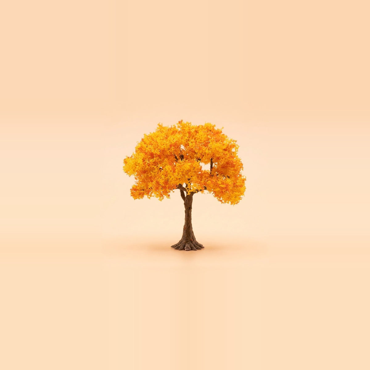 A model tree with a rounded orange canopy and a brown trunk stands centered against a pale peach background.