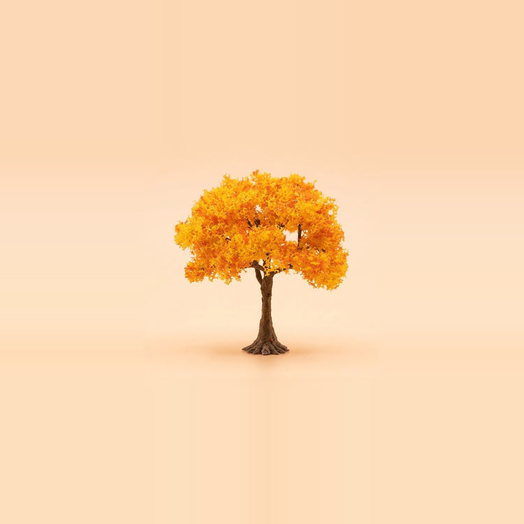 A model tree with a rounded orange canopy and a brown trunk stands centered against a pale peach background.