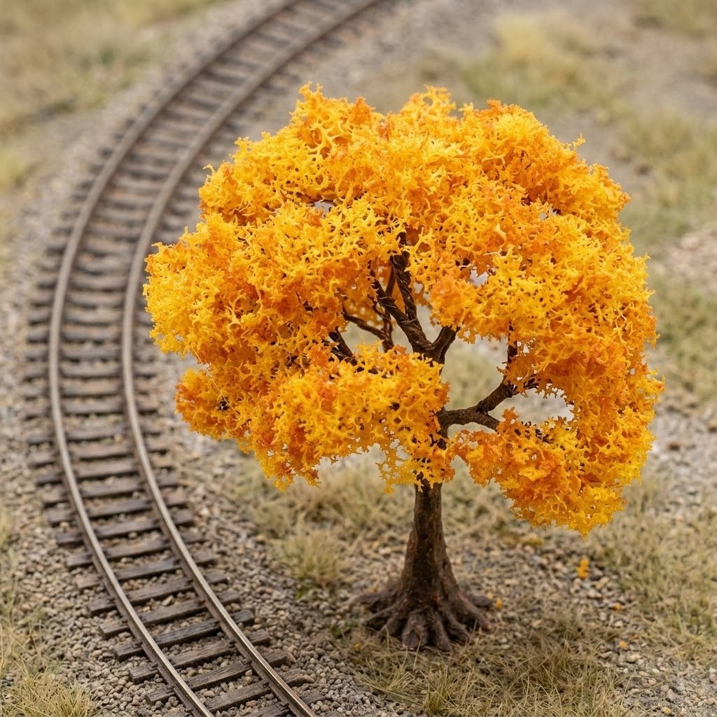 An orange miniature tree with a brown trunk stands beside curved model railway tracks on gravelly terrain, viewed from above.