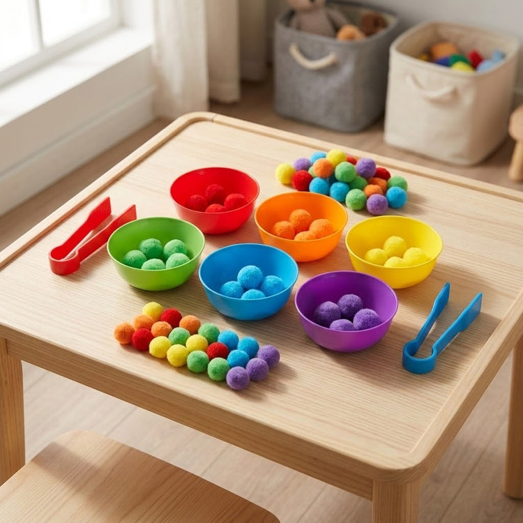 Sorting toy set with six rainbow plastic bowls, matching pom-poms, and red and blue tweezers on a wooden playroom table.