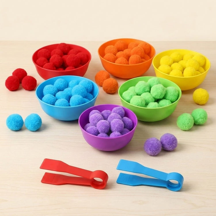 Sorting toy set with six rainbow plastic bowls filled with matching pom-poms and two tweezers on a light wooden table.