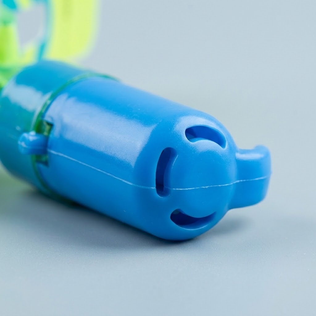 A close-up shows the slingshot helicopter’s blue plastic body, curved openings, and projecting hook against a light gray background.