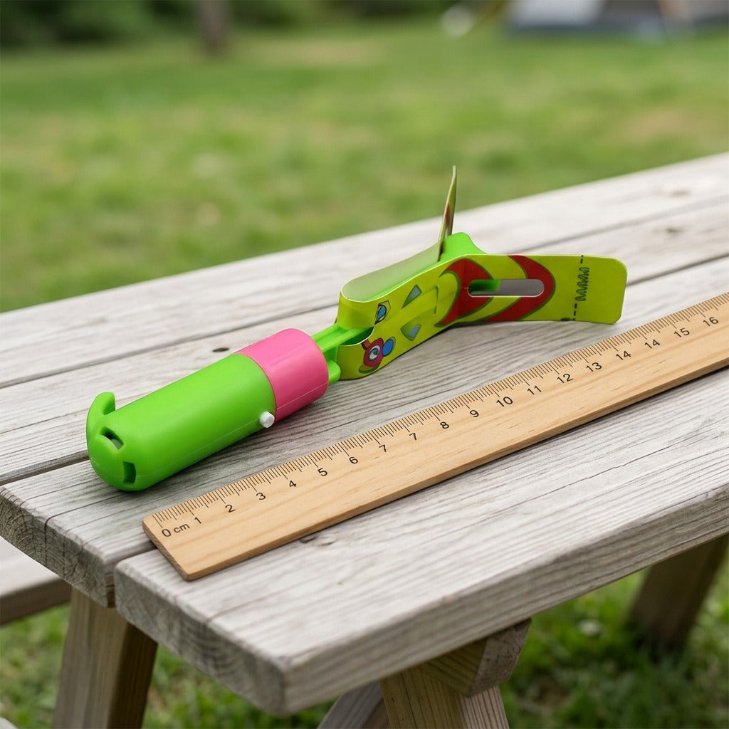A green plastic slingshot helicopter with a pink collar lies beside a wooden ruler marked in centimetres on an outdoor table.