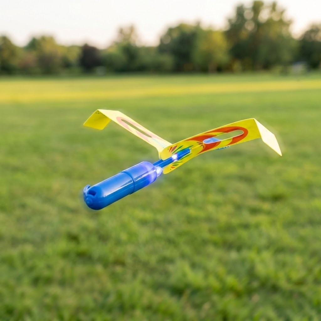 A blue slingshot helicopter with spread yellow rotor blades and colorful patterns appears above a sunlit lawn with blurred trees.