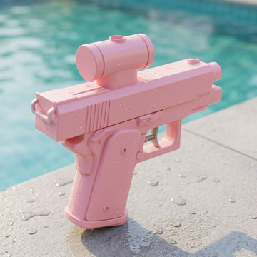 A pink plastic water gun stands on wet concrete beside a swimming pool, with droplets across its surface.