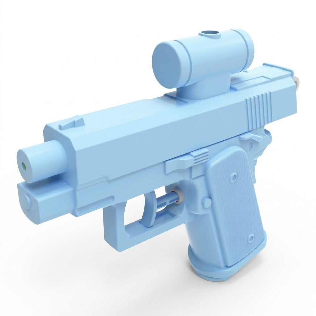 A light blue plastic water gun with a cylindrical upper reservoir stands against a plain white background.