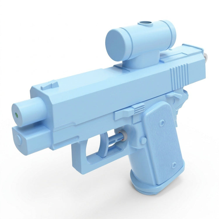 A light blue plastic water gun with a cylindrical upper reservoir stands against a plain white background.