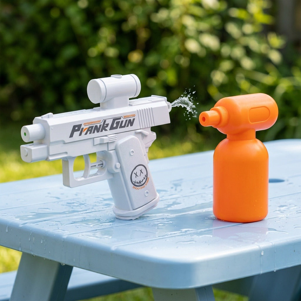 A white toy water gun labeled 'Prank Gun' spraying water toward an orange spray bottle on a light blue picnic table outdoors.