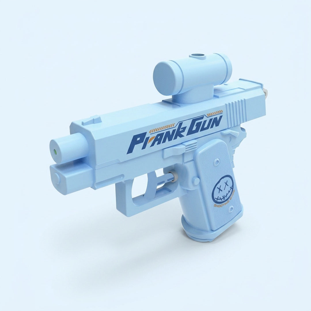 A light blue water gun with a cylindrical top attachment and cartoon face on the grip stands against a pale blue background.