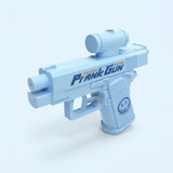 A light blue water gun with a cylindrical top attachment and cartoon face on the grip stands against a pale blue background.