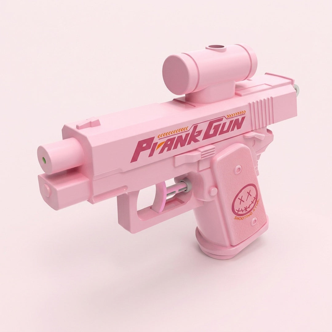 A pink water gun with a cylindrical top attachment and curved trigger stands against a pale pink background.