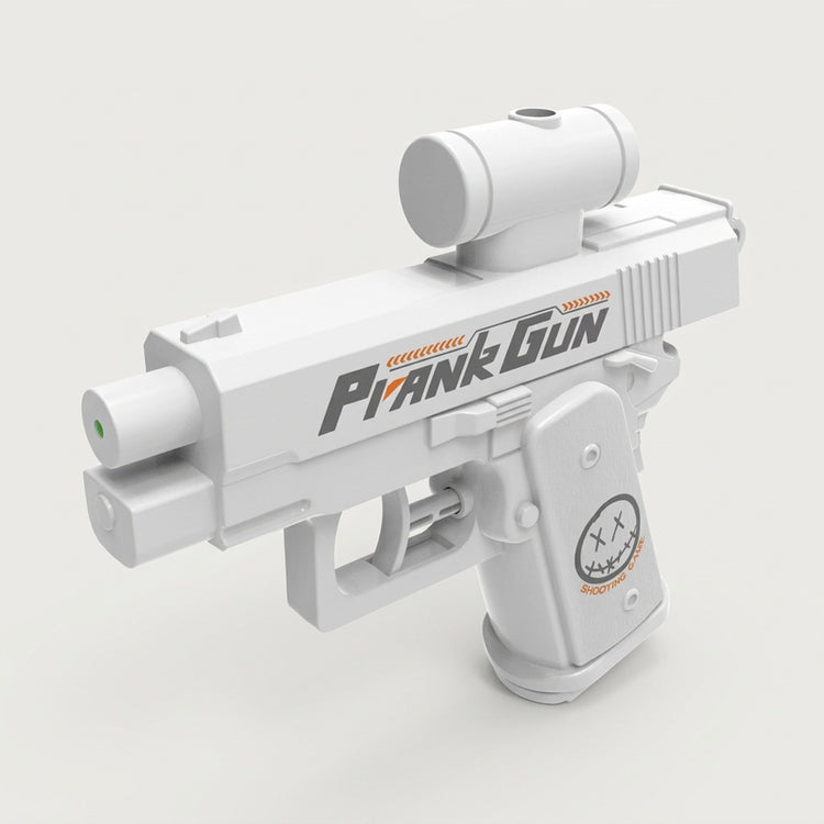 A white plastic water gun with black and orange lettering and a face graphic stands against a light background.