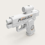 A white water gun with a cylindrical top attachment and cartoon face on the grip stands against a light beige background.