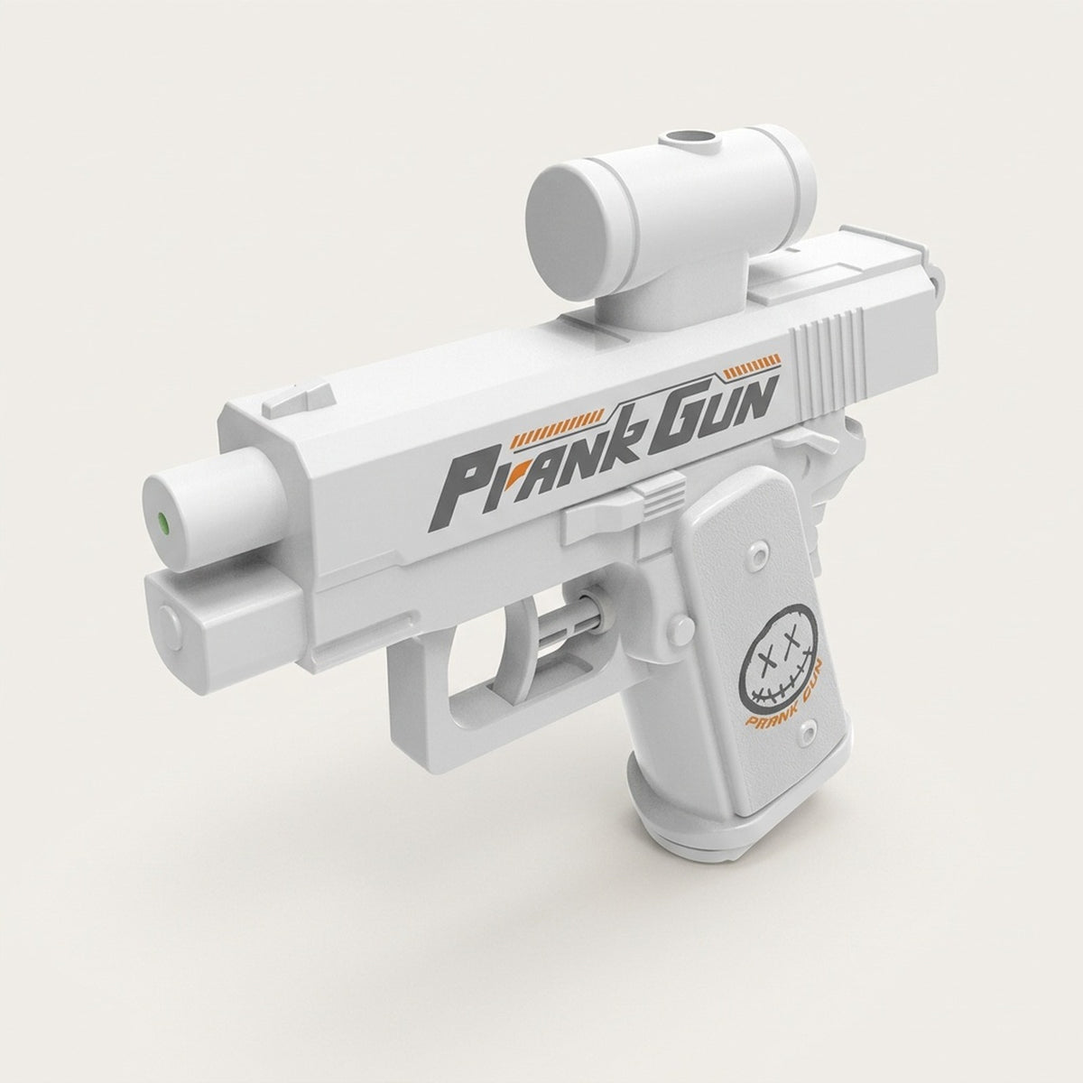 A white water gun with a cylindrical top attachment and cartoon face on the grip stands against a light beige background.