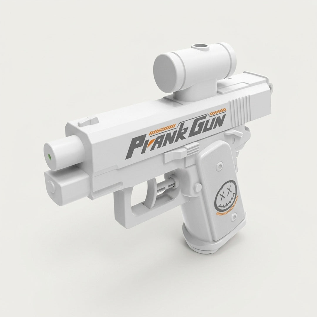 White plastic water gun with a cylindrical top attachment and printed side graphics, shown at an angle against a light gray background.