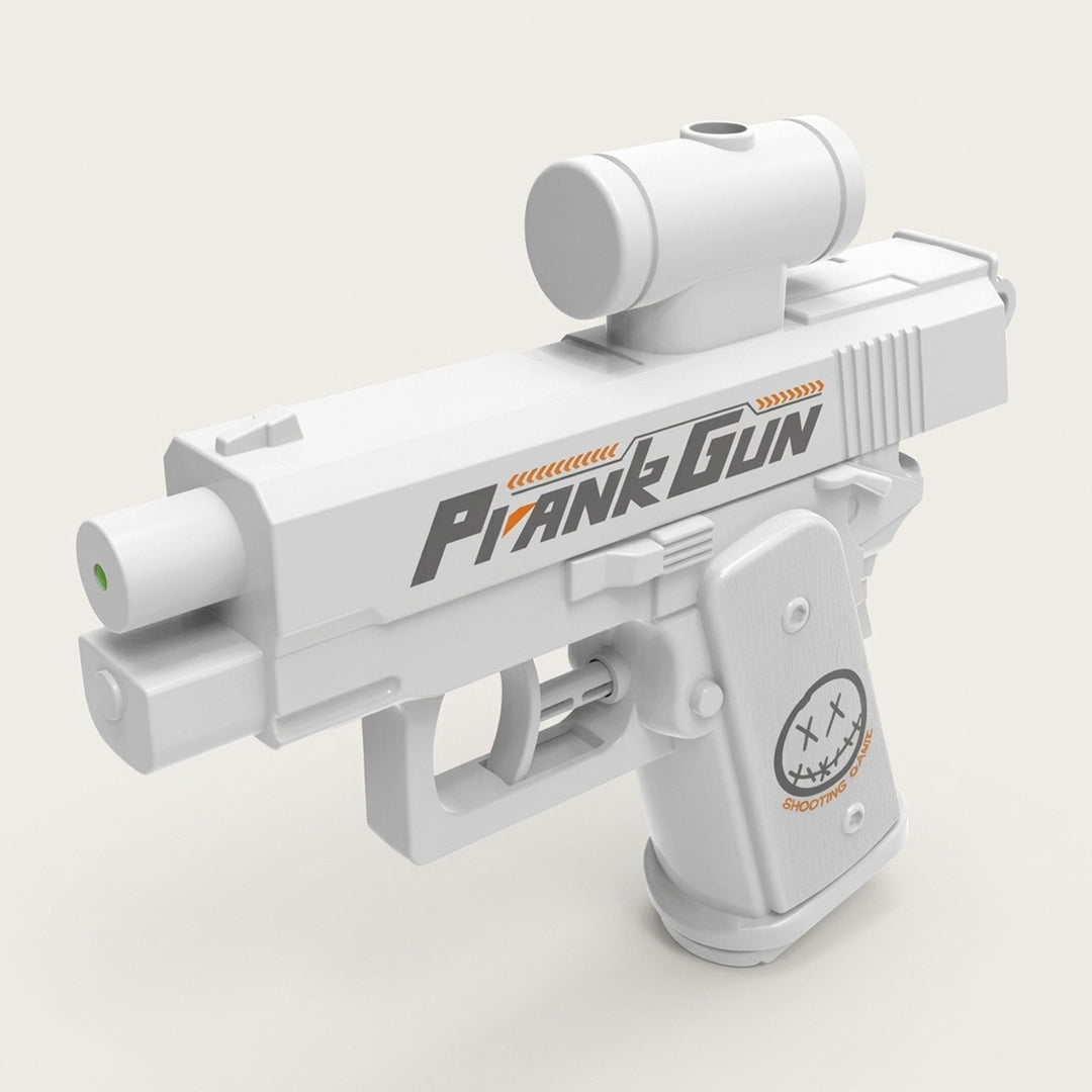 A white water gun with black and orange side graphics and a cylindrical top attachment stands against a light beige background.