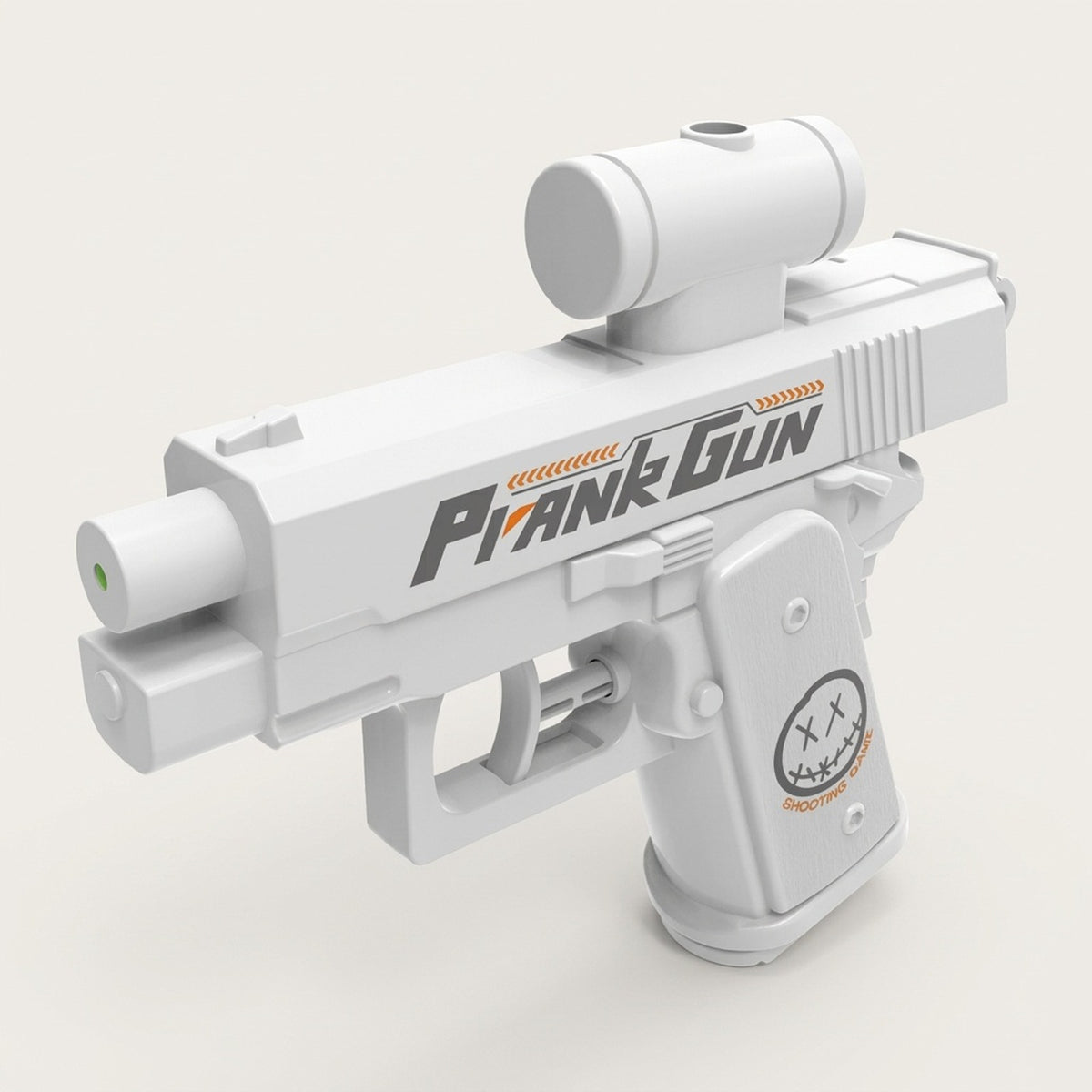 A white water gun with black and orange side graphics and a cylindrical top attachment stands against a light beige background.