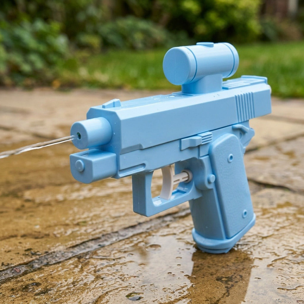A light blue plastic water gun sprays a thin stream of water on wet stone paving with a blurred garden behind.