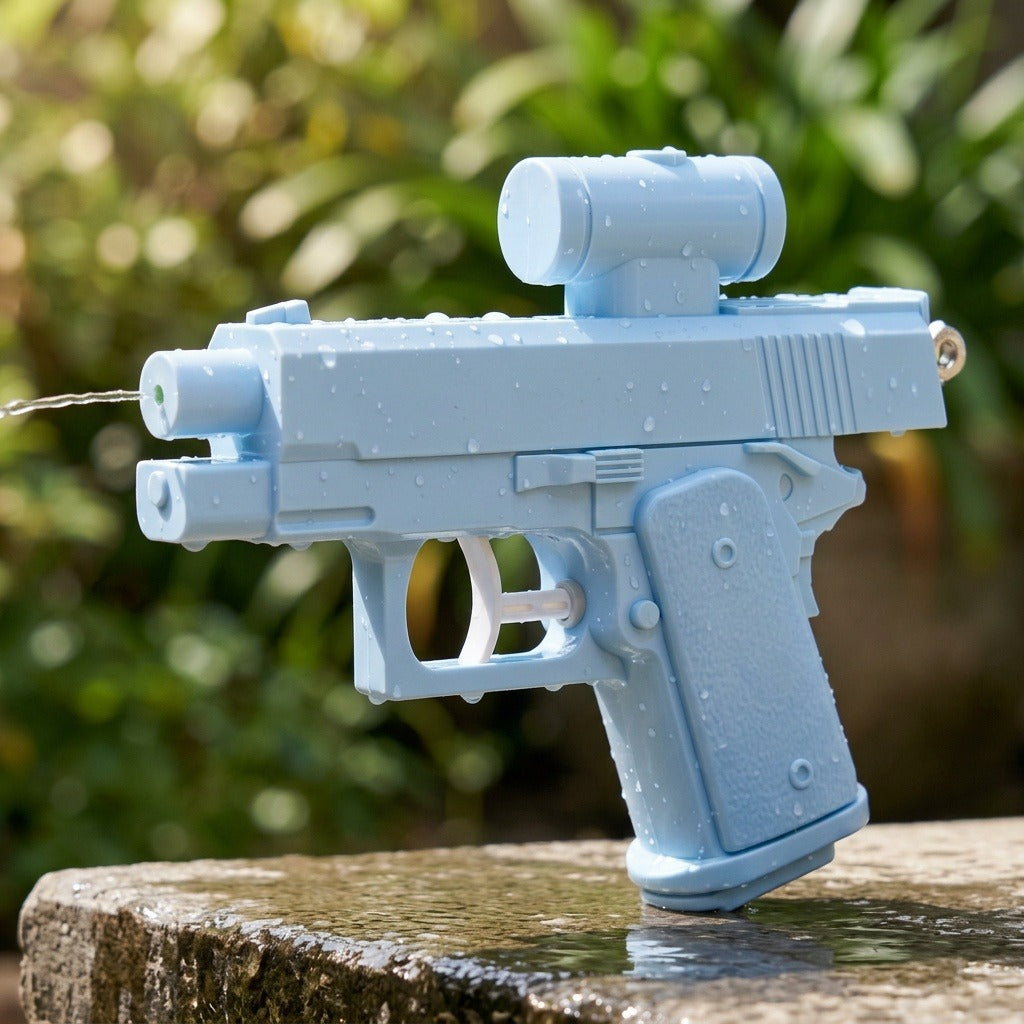 A light blue plastic toy water gun shaped like a pistol, shown outdoors on a wet stone surface with water droplets and a blurred green garden background.