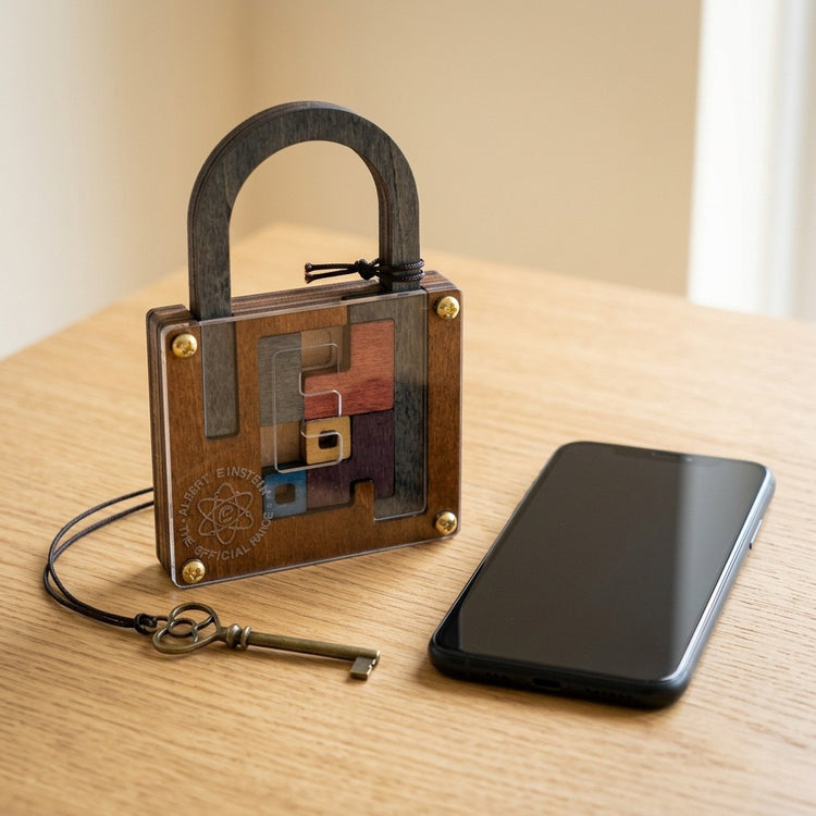 Brown wooden lock puzzle stands on a light wooden table beside a smartphone, with its cord-attached brass-coloured key in front.