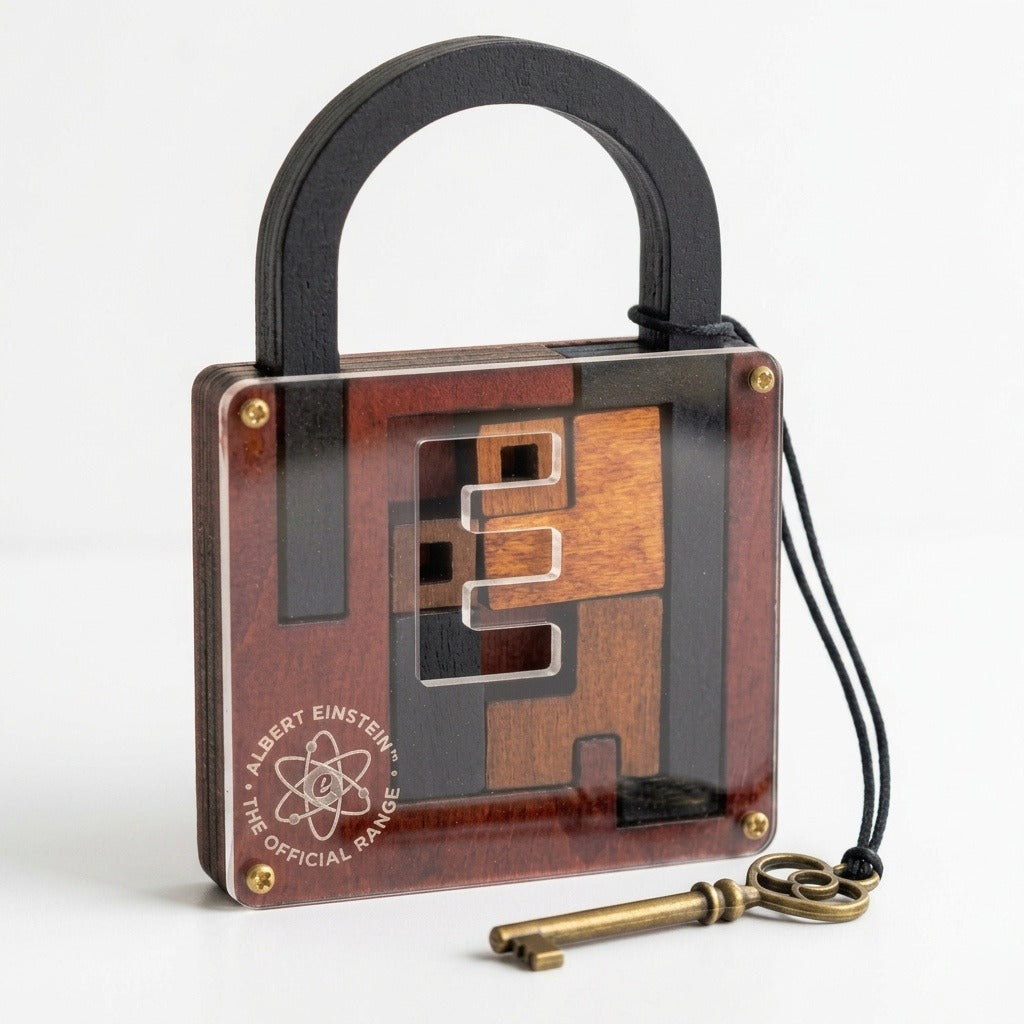A novelty Albert Einstein puzzle lock made of wood and acrylic, featuring a black handle and a brass key, on a white background.
