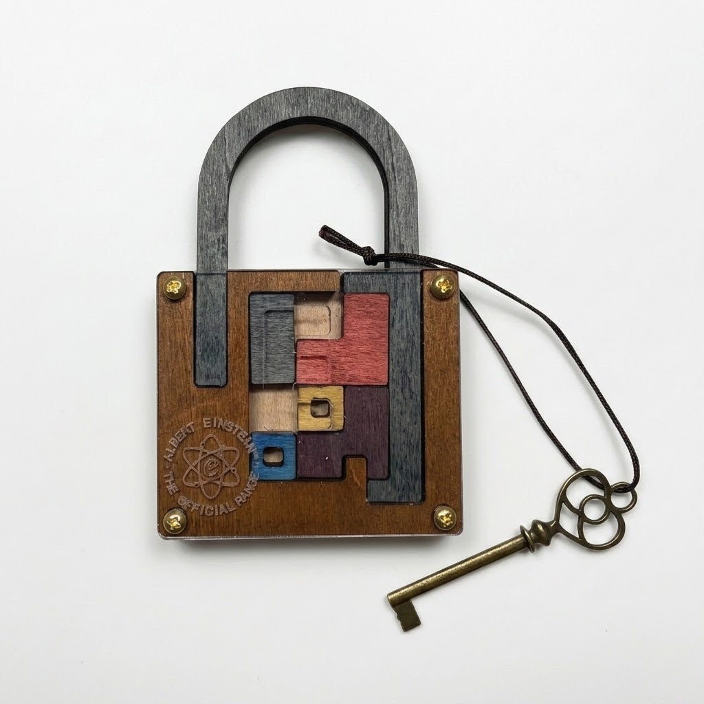 Wooden lock puzzle with multicoloured mechanism pieces and a dark shackle lies beside its cord-attached key on a white background.