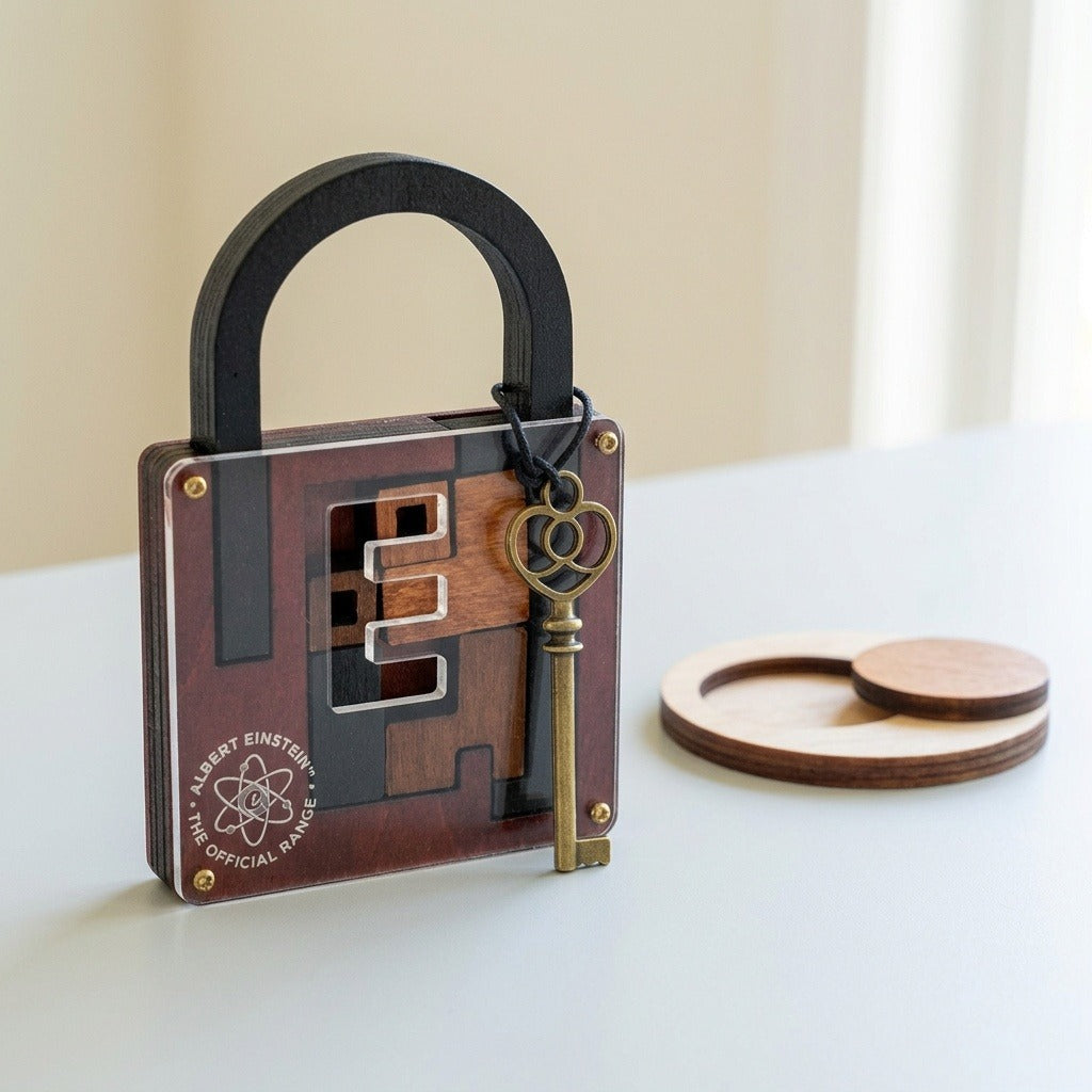 A wooden lock puzzle box with a black handle and a vintage-style metal key, displayed on a light surface with a small round wooden accessory beside it. The box has visible榫卯-style wood construction and a circular Albert Einstein themed emblem.
