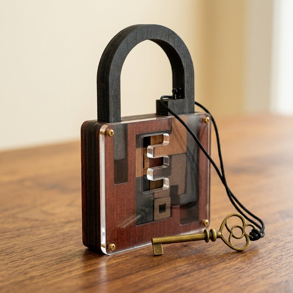 Reddish-brown wooden lock puzzle stands angled on a wooden table, showing its clear front, dark shackle, and cord-attached brass-coloured key.