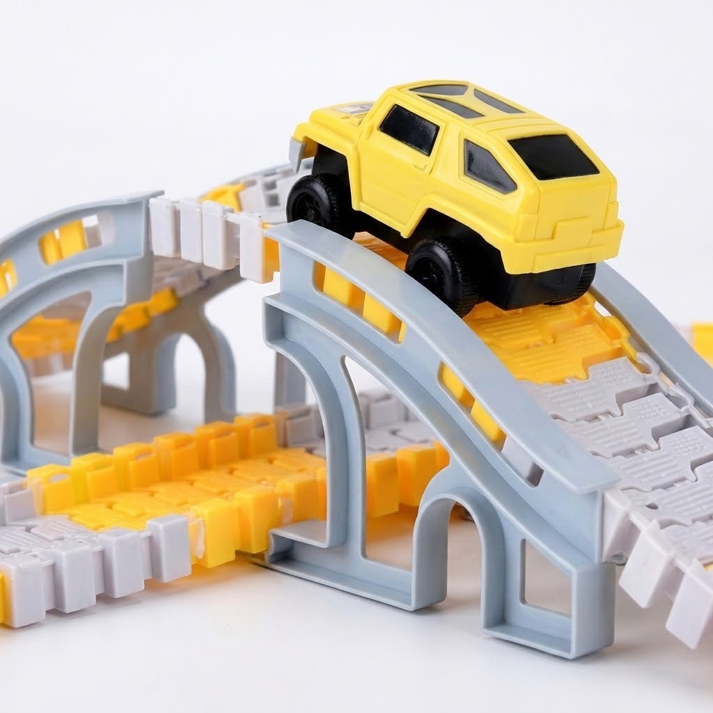 A yellow toy car with black wheels driving on a gray and yellow plastic bridge track set against a clean white background.