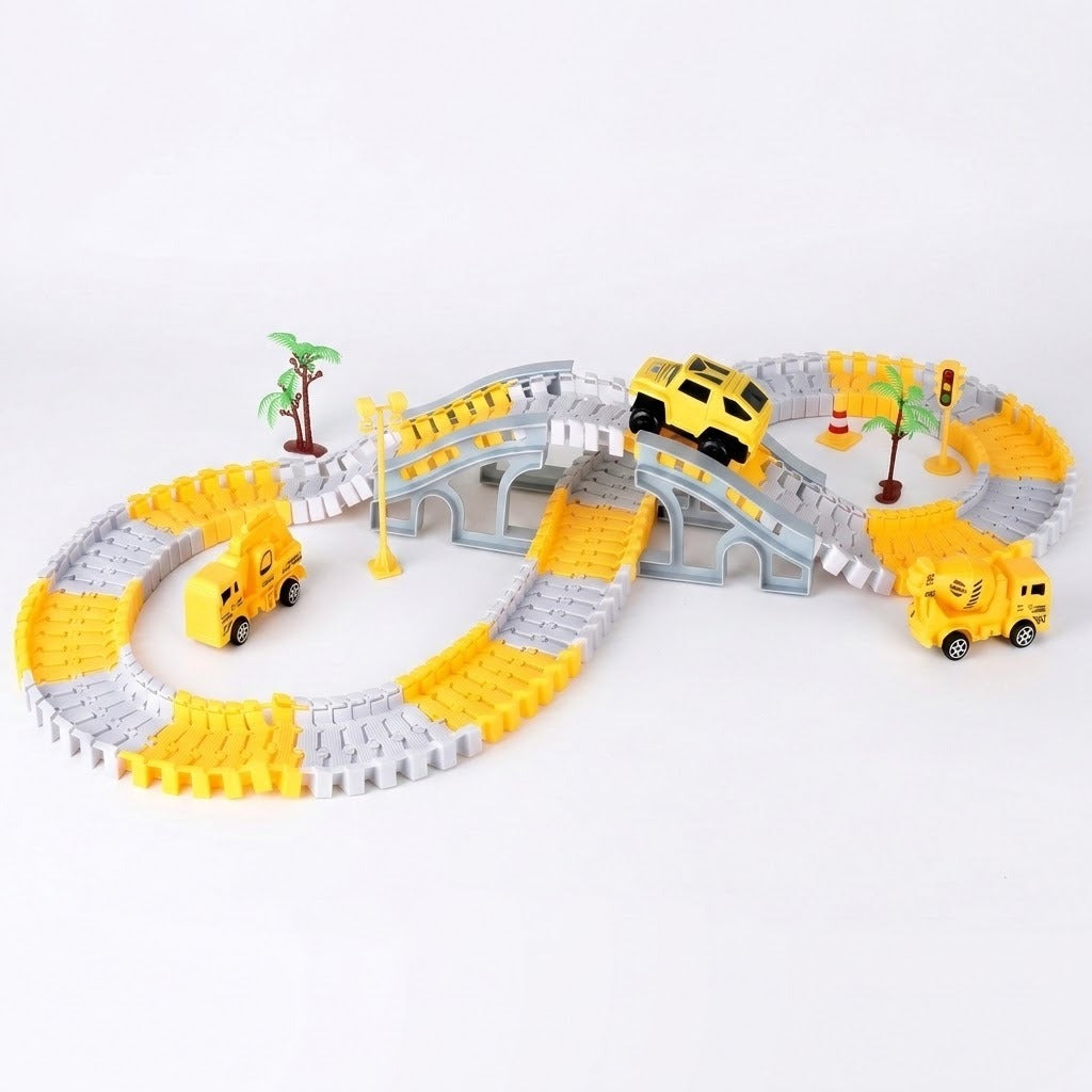 Yellow and gray car track set with a raised bridge, yellow mini car, miniature trees, and construction vehicles on a white background.
