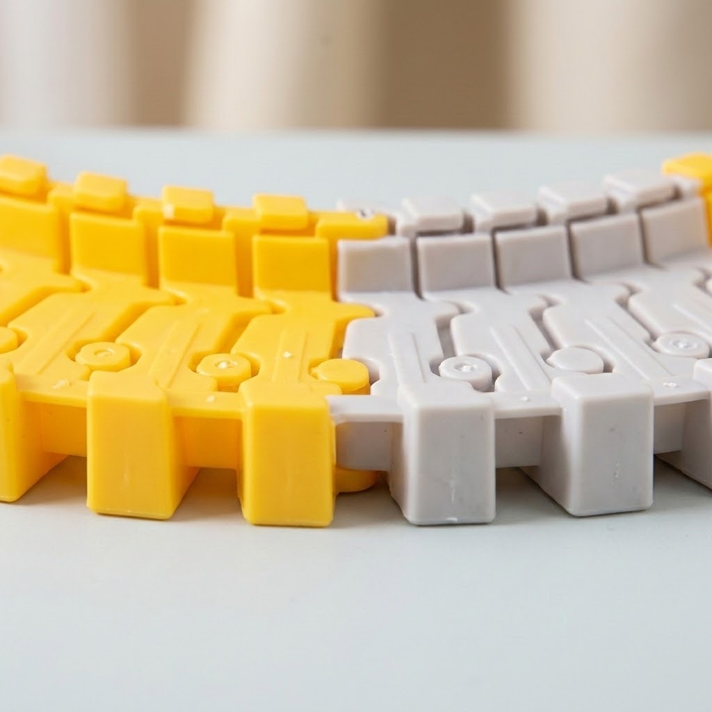 Close-up of yellow and gray interlocking ABS plastic sections from the car track set on a pale surface.
