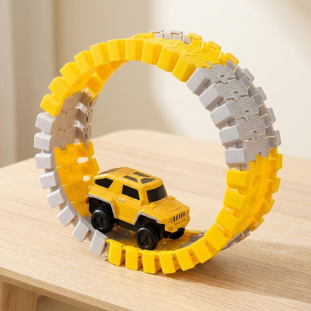 Yellow and gray car track set formed into an upright circular loop with a yellow mini car on a light wooden table.