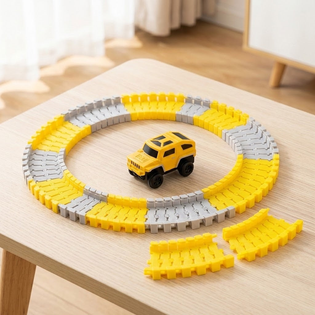 A yellow toy car sits inside a circular track made of interlocking yellow and gray plastic blocks on a light wood table, with a few loose track pieces in front.